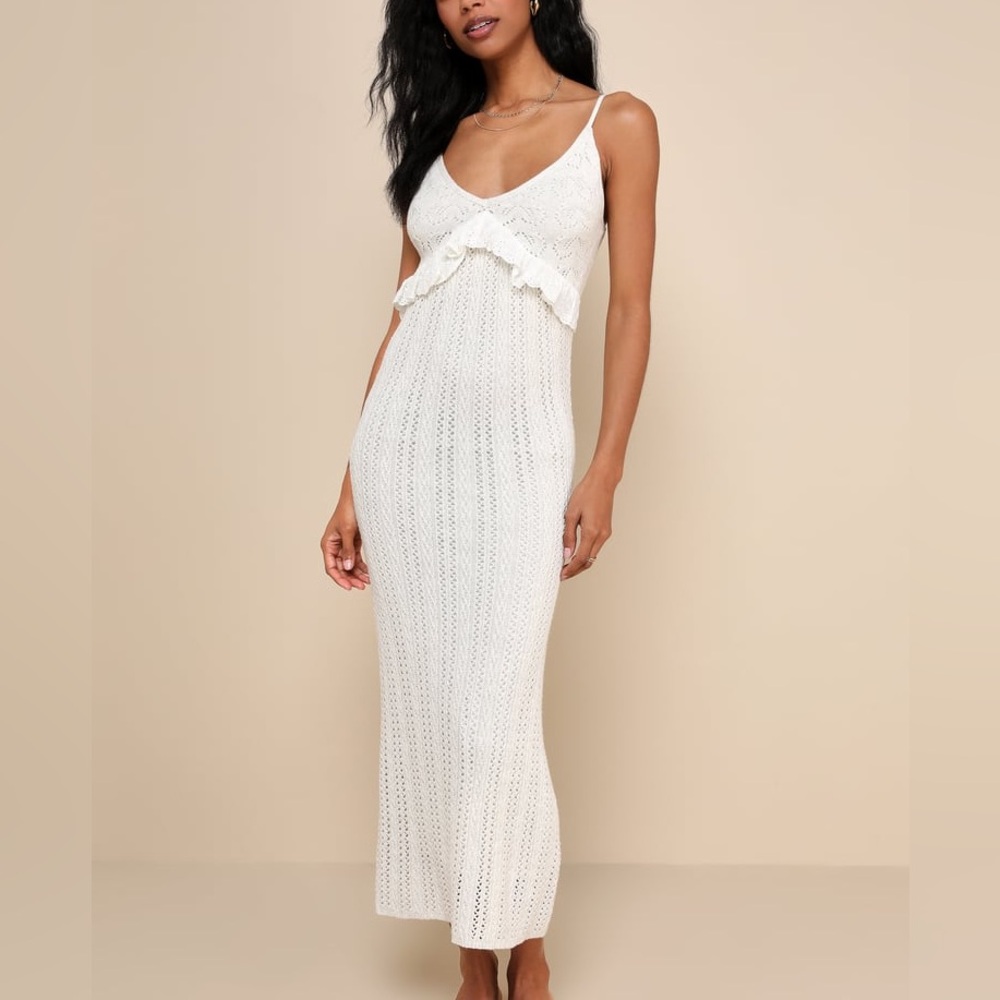 Lulus Lovely Mindset Ivory Crochet Ruffled Sleeveless Midi Dress